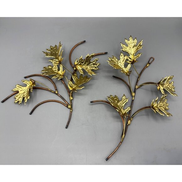 Vintage Brass Tone Metal Oak Leaf Wall Decor Set of 2 - Picture 1 of 5